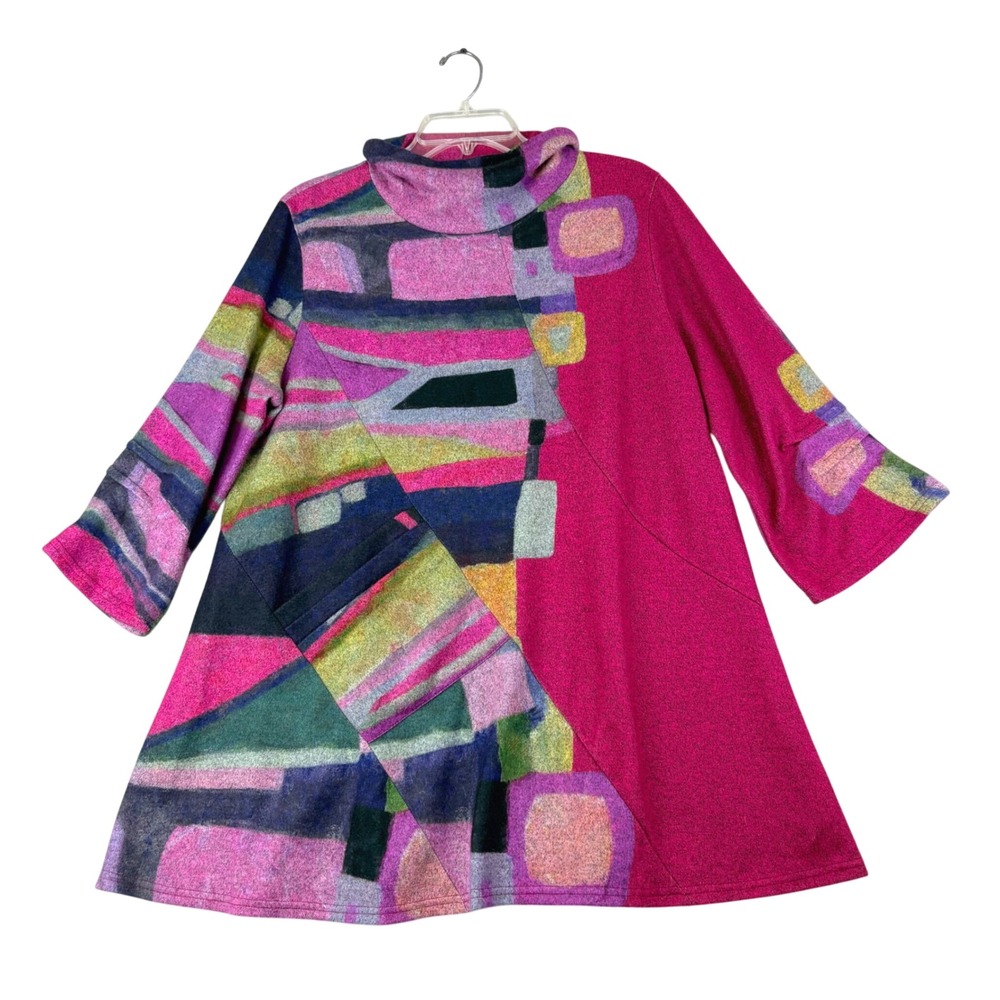 Damee XL Magenta Multi Art to Wear Tunic Funnel Neck Abstract Geometric Top